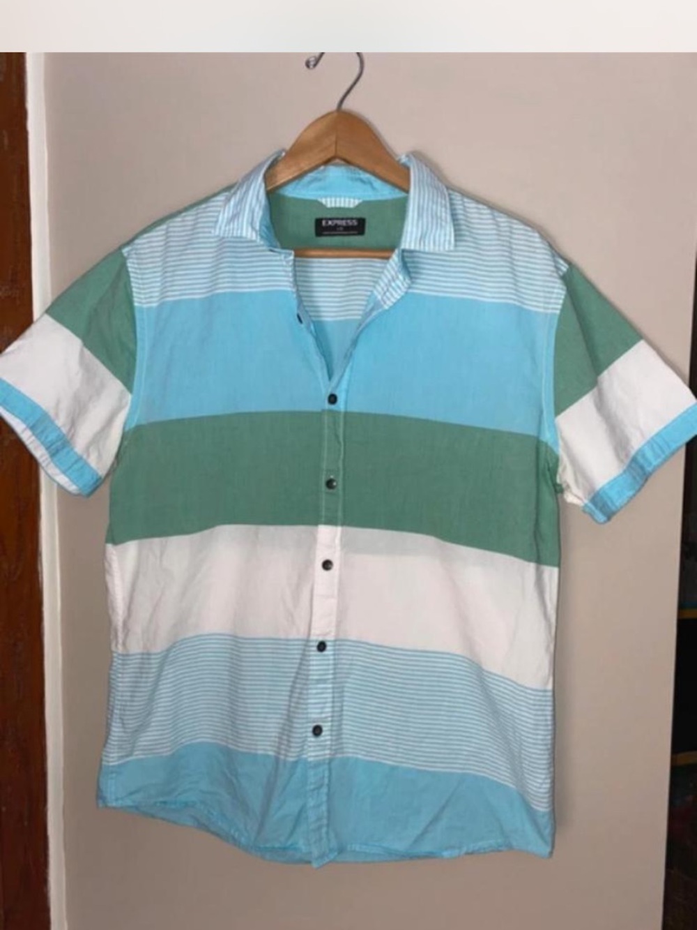 Express Men’s Short Sleeve Button-Up Shirt - Light Blue, Green & White Stripes